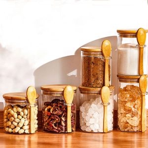 Glass Jars with Wooden Lids and Spoons