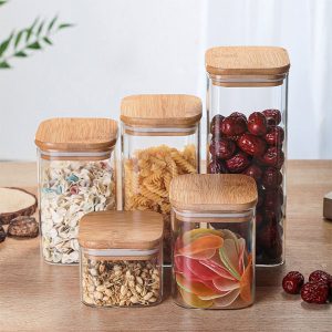 Square Glass Storage Jars With Wooden Lids