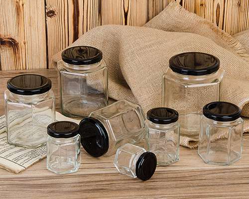 Hexagonal Glass Storage Jars with Black Lids